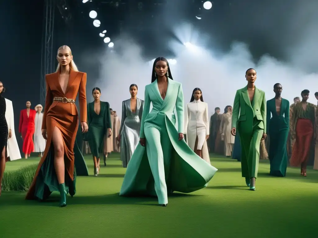 Desfile ecofuturista: moda de lujo diversa y sostenible Desfile de moda inclusiva y diversa en una pasarela verde con modelos de diferentes etnias, cuerpos y edades, luciendo lujo atemporal