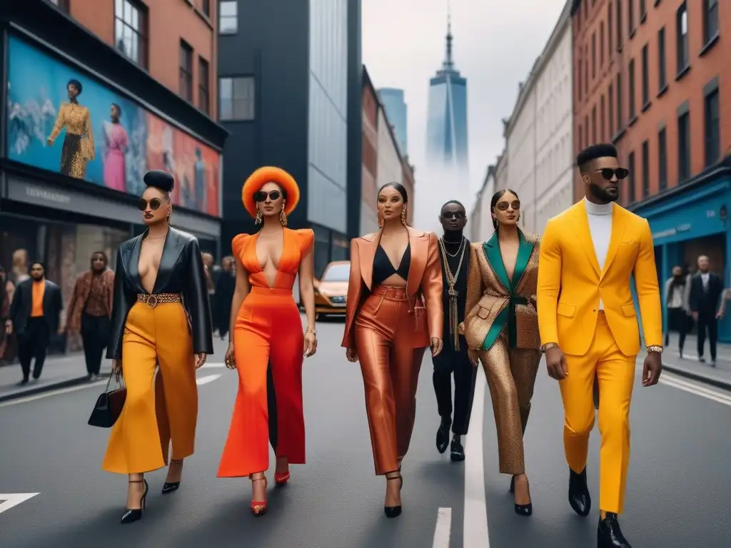 Estilo diverso y urbano: moda de lujo inclusiva con influencias pop Un desfile de moda inclusiva y diversa en la ciudad, fusionando tendencias de lujo y cultura pop