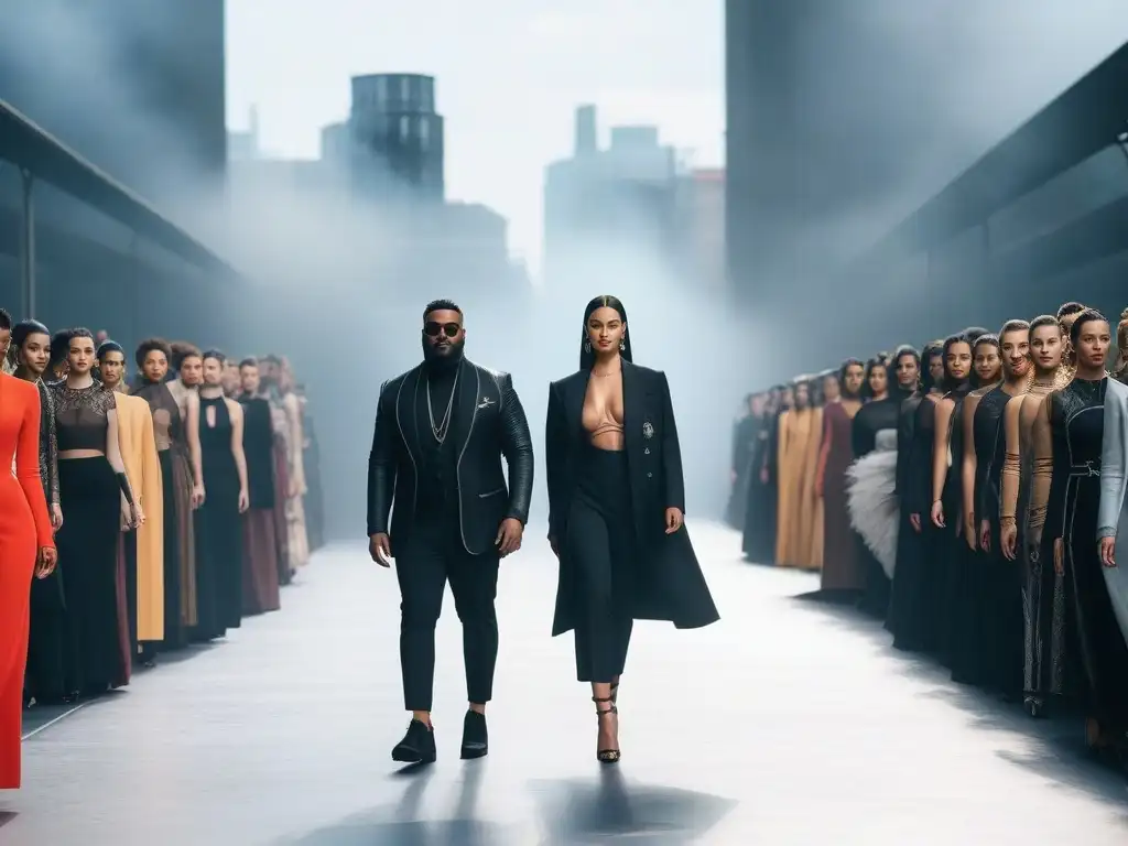 Desfile de moda inclusiva y diversa con modelos diversos caminando con confianza en una pasarela urbana futurista