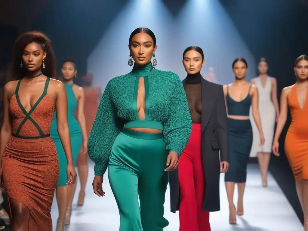 Desfile de moda inclusiva y diversa con modelos diversos caminando con confianza en una pasarela moderna y colorida