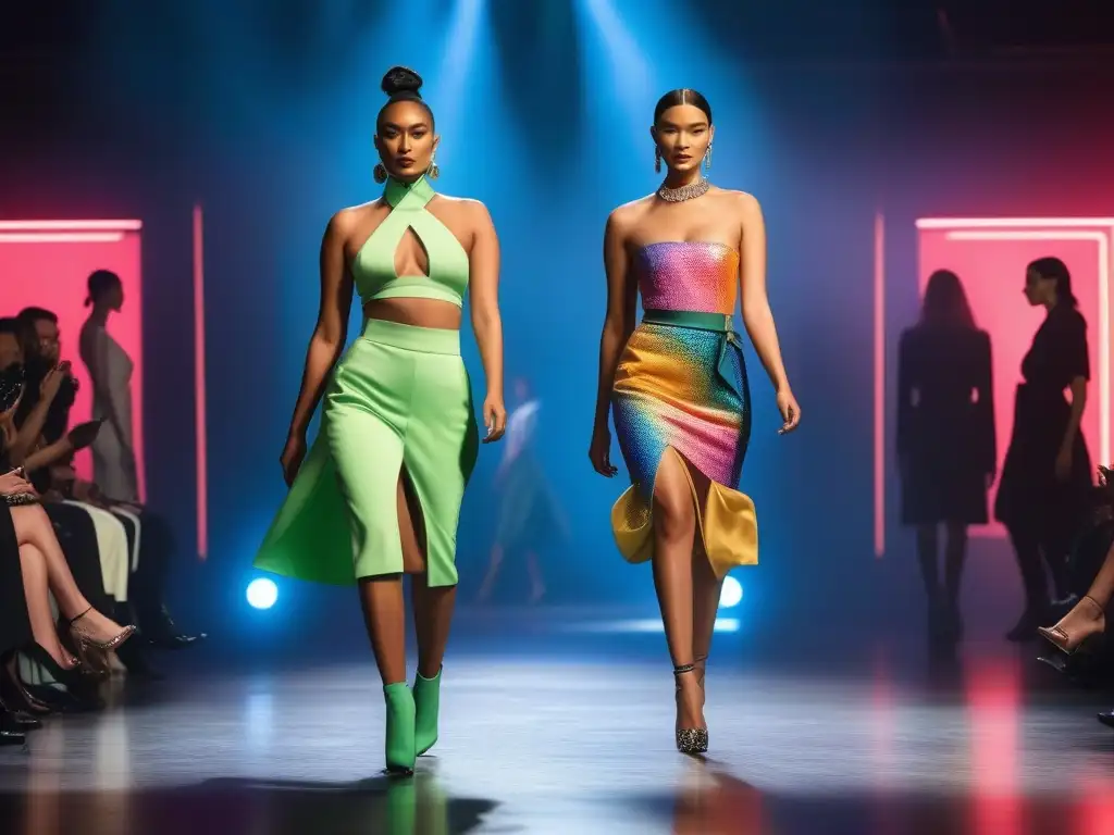 Un desfile de moda inclusiva y diversa con modelos de diferentes etnias, géneros y tipos de cuerpo mostrando diseños vanguardistas