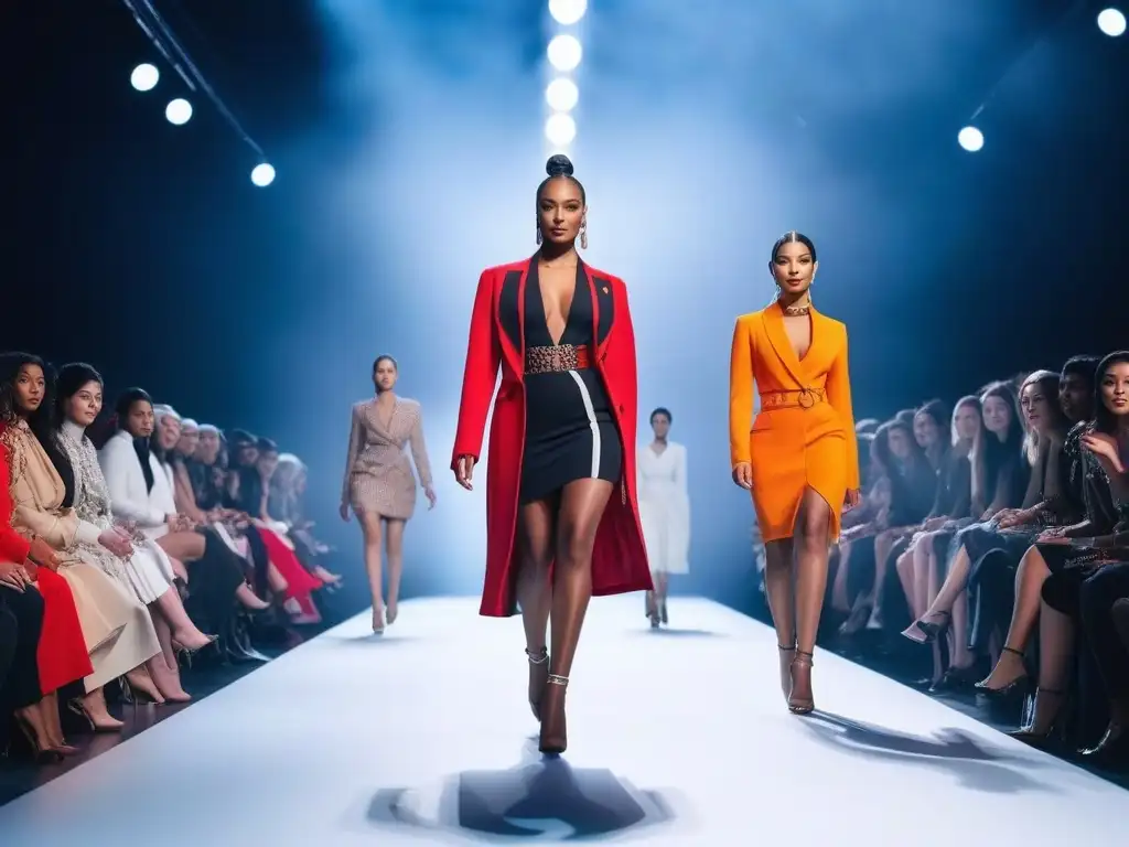 Desfile de moda inclusiva: modelos petite empoderadas Desfile de moda petite inclusiva y diversa con modelos empoderadas y estilosas en una pasarela moderna y luminosa