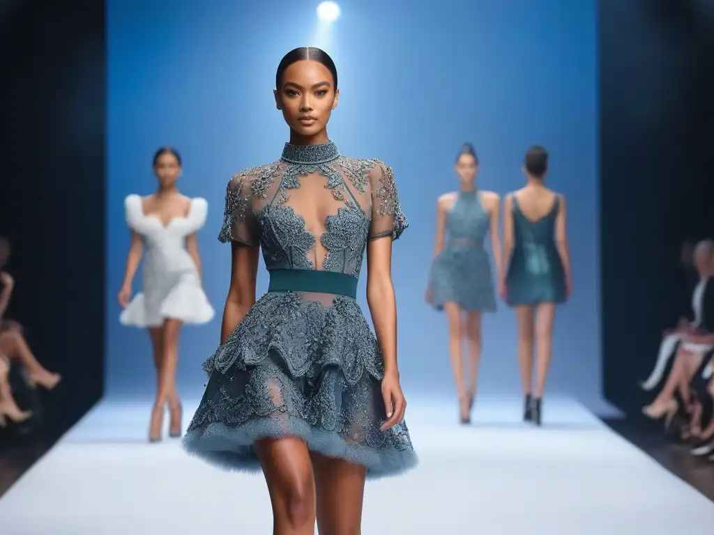 Desfile de moda: modelos petites deslumbrantes en 8k Desfile de moda petite inclusiva y diversa con modelos seguras y modernas en pasarela futurista
