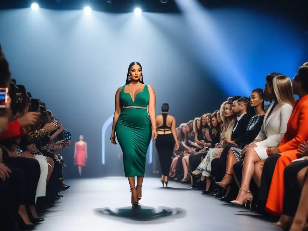 Desfile de moda inclusivo: diversidad y estilo en la pasarela Un desfile de moda inclusiva y diversa: modelos de distintas etnias, tallas y habilidades luciendo diseños modernos y elegantes en una pasarela iluminada