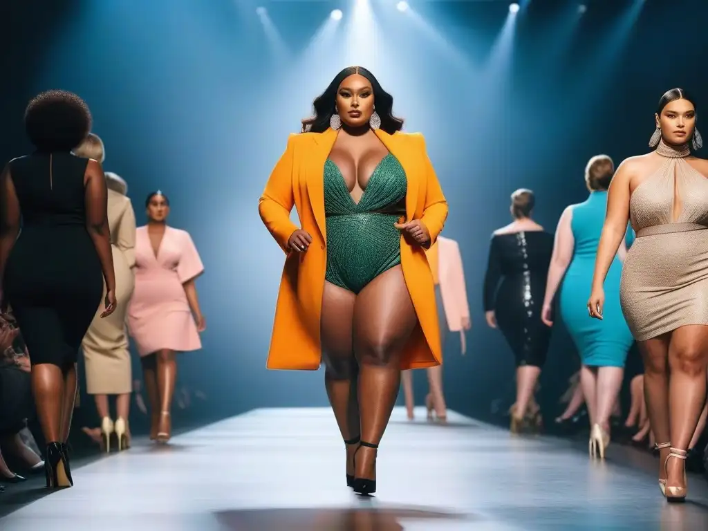 Desfile de modelos plussize: diversidad y empoderamiento en la moda Desfile de moda plus size inclusiva y diversa con modelos seguras luciendo variados atuendos de diseñador en elegante pasarela