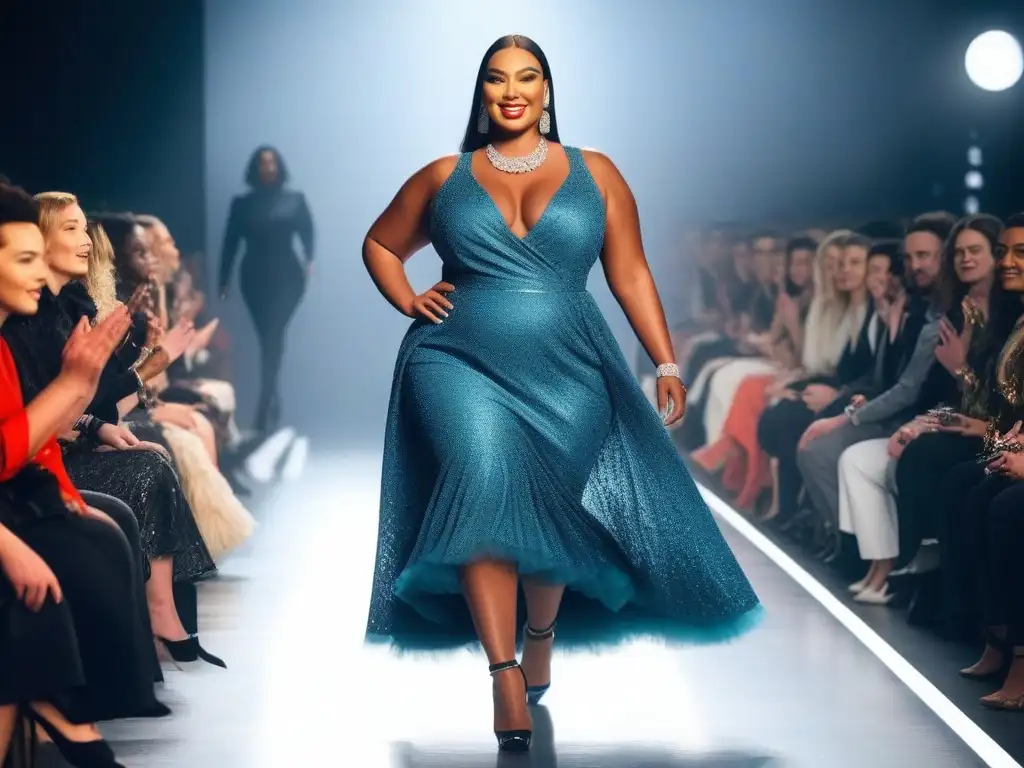Desfile inclusivo con modelos de tallas grandes luciendo moda única Un desfile de moda plus size inclusiva y diversa con modelos seguras y estilosas caminando por la pasarela, iluminadas por brillantes luces de pista