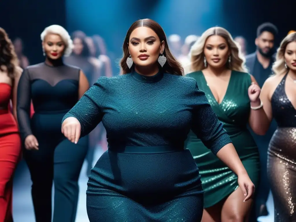 Desfile de moda plussize: diversidad en la pasarela Desfile de moda plus size inclusiva y diversa con modelos seguras y estilosas