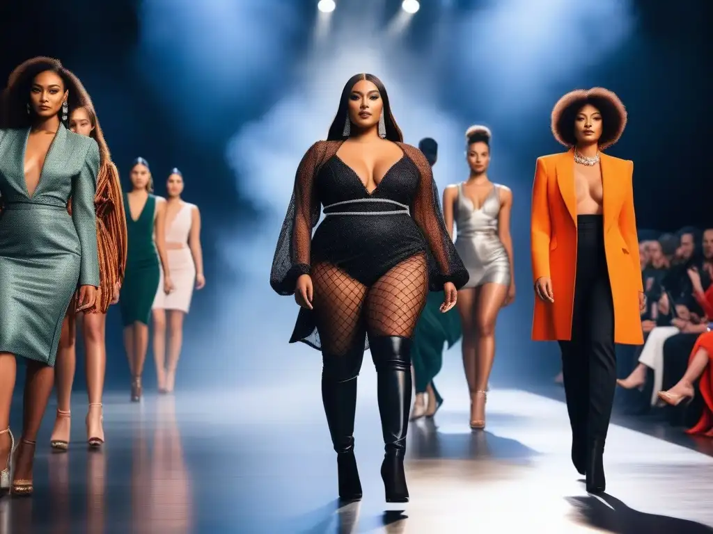 Desfile de moda inclusivo: diversidad, confianza y estilo único Desfile de moda inclusiva con diversidad de cuerpos e identidades, modelos seguros y únicos en pasarela brillante y moderna