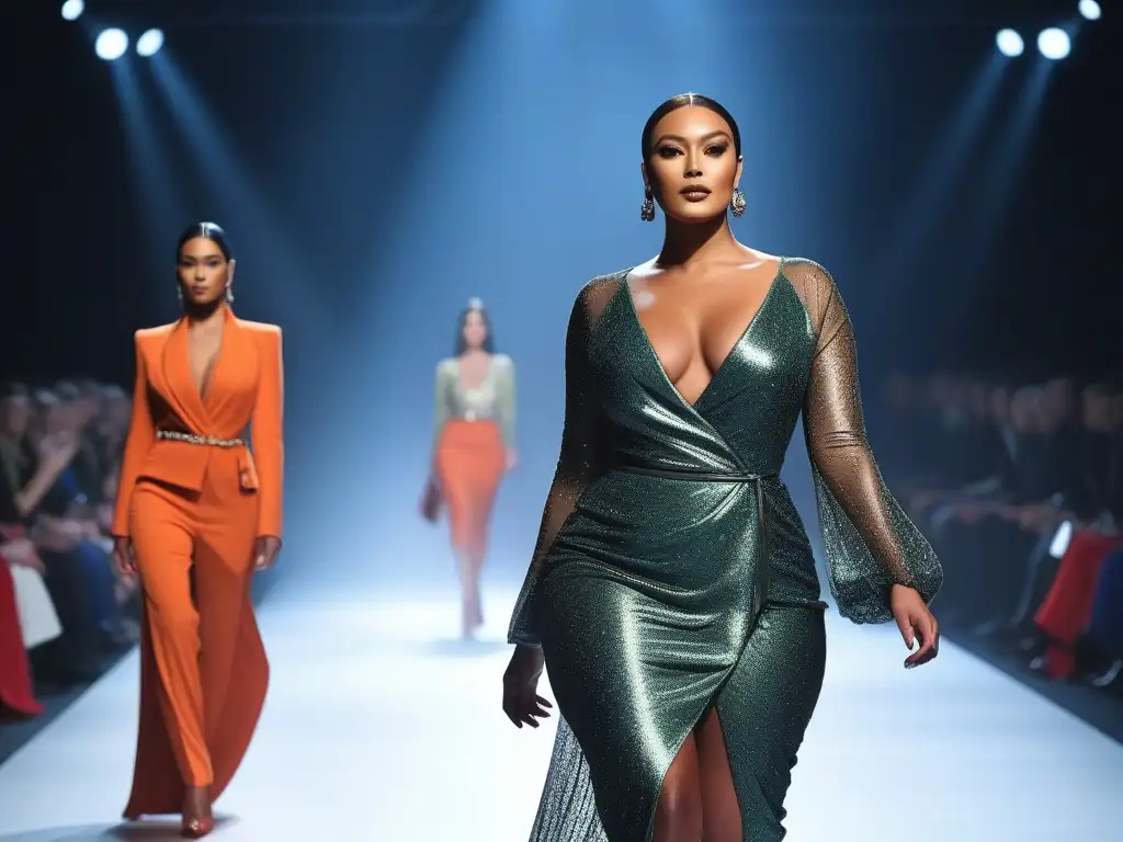 Desfile de moda inclusivo: modelos diversos brillan en la pasarela Desfile de moda inclusiva y diversidad corporal con modelos de todas las formas, tallas y etnias luciendo outfits únicos y estilosos