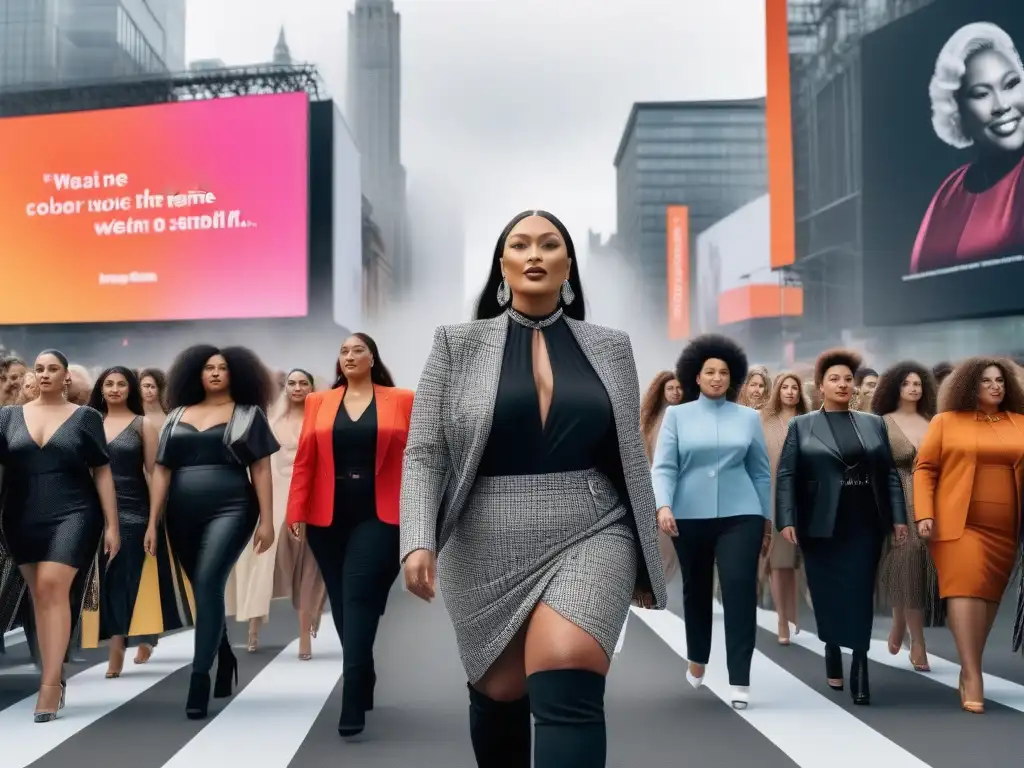 Desfile inclusivo de moda: diversidad y empoderamiento en la pasarela Desfile de moda inclusiva y diversidad corporal en la ciudad, con modelos y audiencia diversa aplaudiendo
