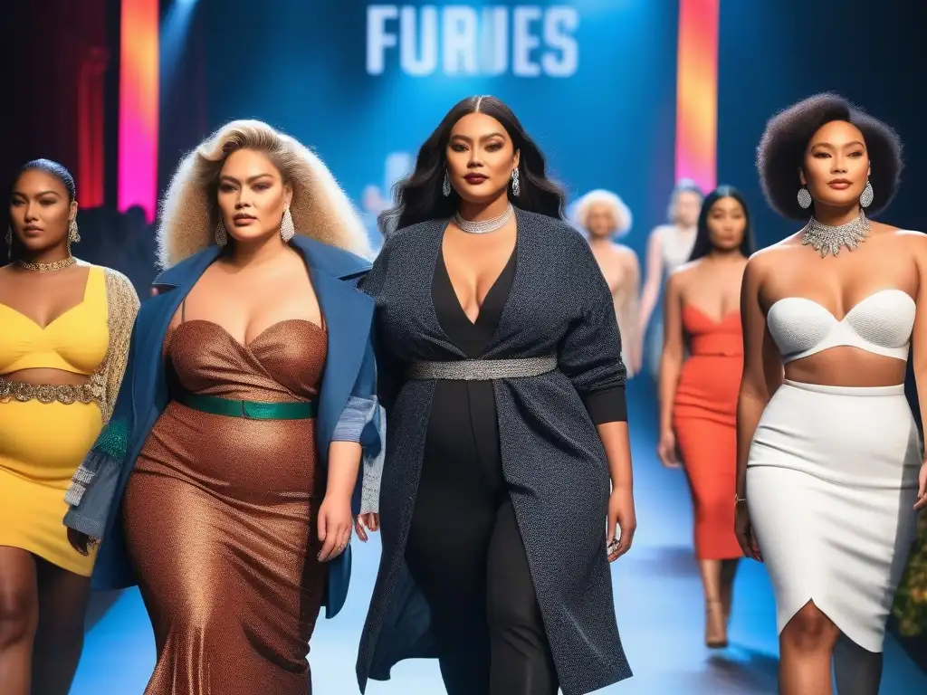 Desfile inclusivo: moda diversa y empoderamiento Desfile de moda inclusiva y diversidad corporal: modelos diversos con éxito caminan en la pasarela entre un público diverso y emocionado