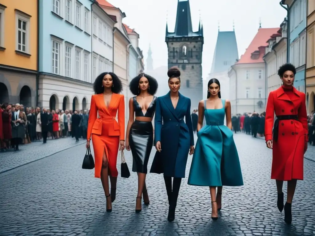 Moda inclusiva en Praga: diversidad y estilo en las calles Un desfile de moda inclusiva en Praga: modelos diversos caminan con estilo por calles empedradas