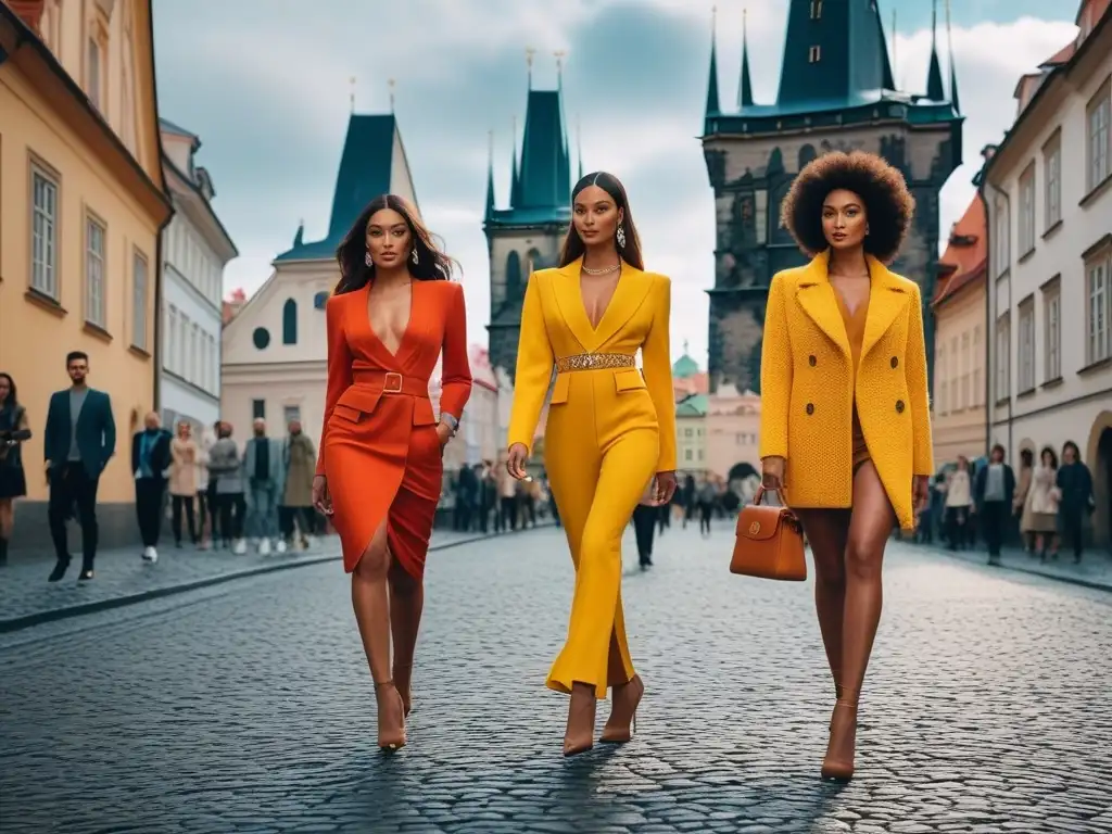 Desfile de moda inclusivo en Praga Desfile de moda inclusiva en Praga, modelos diversos caminan con confianza en elegantes atuendos por la calle empedrada