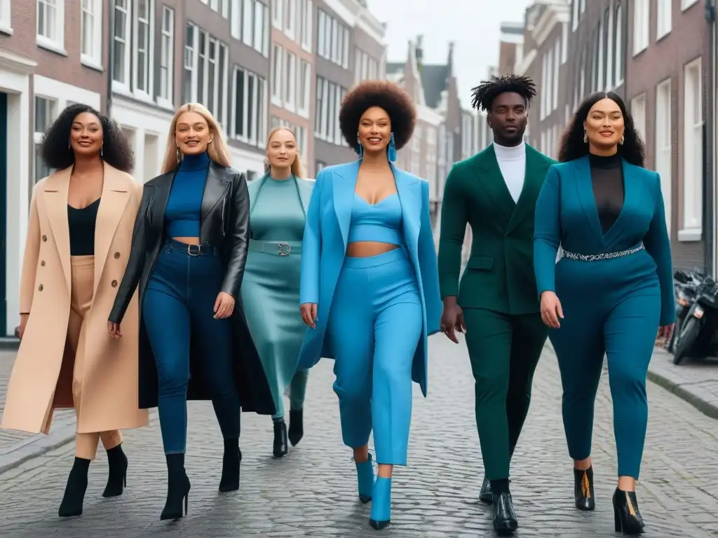 Fashion inclusiva en Amsterdam: diversidad y empoderamiento Un desfile de moda inclusiva en Ámsterdam: modelos diversos lucen estilos únicos y sonrientes, reflejando confianza y empoderamiento