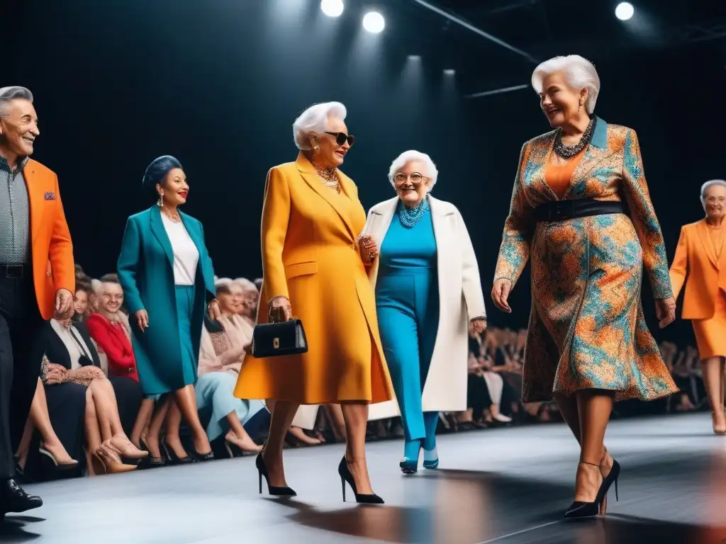 Desfile de moda senior inclusivo y elegante Un desfile de moda inclusiva para seniors con elegancia y carisma, reflejando diversidad y estilo