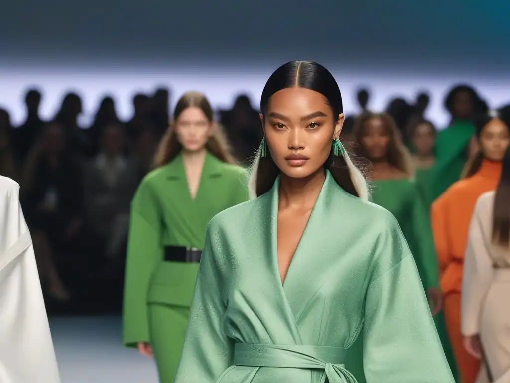 Desfile de moda sostenible: diversidad y ecoinnovación en la pasarela Desfile de moda inclusiva con embalaje sostenible y variedad de modelos en pasarela futurista