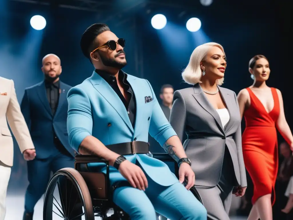 Desfile de moda inclusivo con estilo y empoderamiento Un desfile de moda inclusiva y empoderadora con personas con discapacidades luciendo diseños adaptativos y elegantes