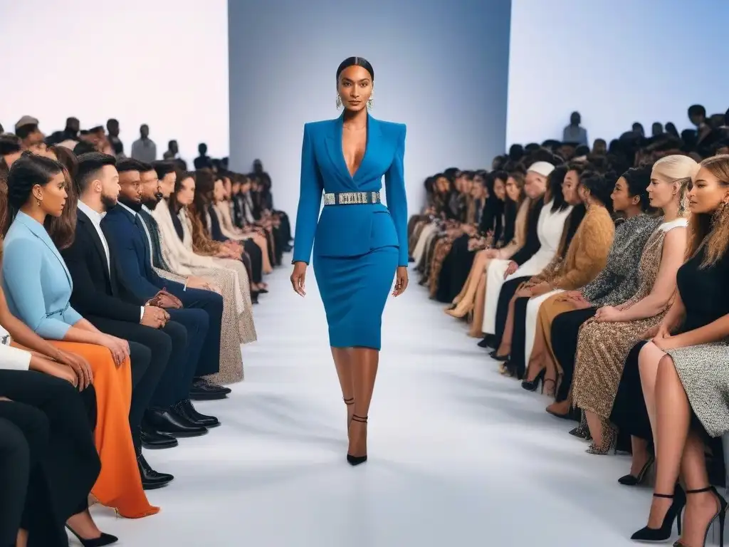 Desfile de moda inclusivo y creativo: Empoderamiento en la diversidad Desfile de moda inclusiva con emprendedores diferenciados presentando diseños únicos en una pasarela moderna y chic