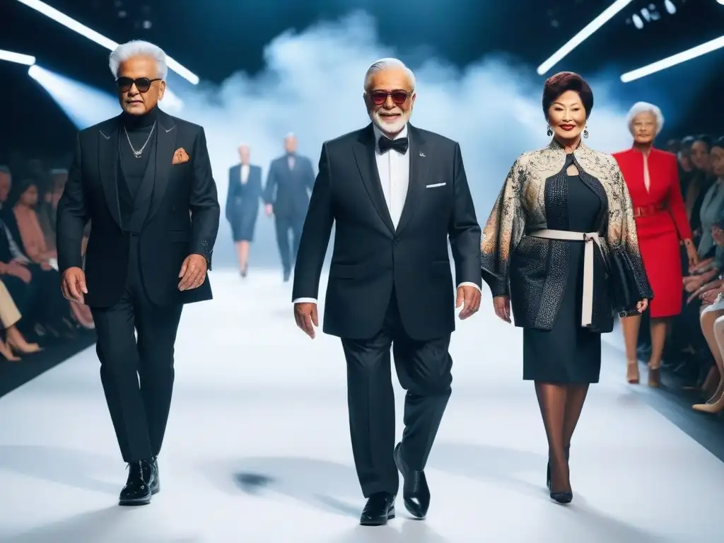 Desfile de moda inclusiva para seniors: diversidad y estilo atemporal Desfile de moda inclusiva para seniors con estilo, diversidad y empoderamiento en una pasarela futurista