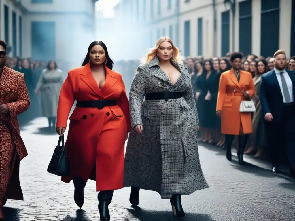 Desfile de moda inclusivo con modelos plus size en colección Burberry Desfile de moda inclusiva Burberry desafío estudio con modelos plus size empoderadas y elegantes, aplaudidas por diversos espectadores