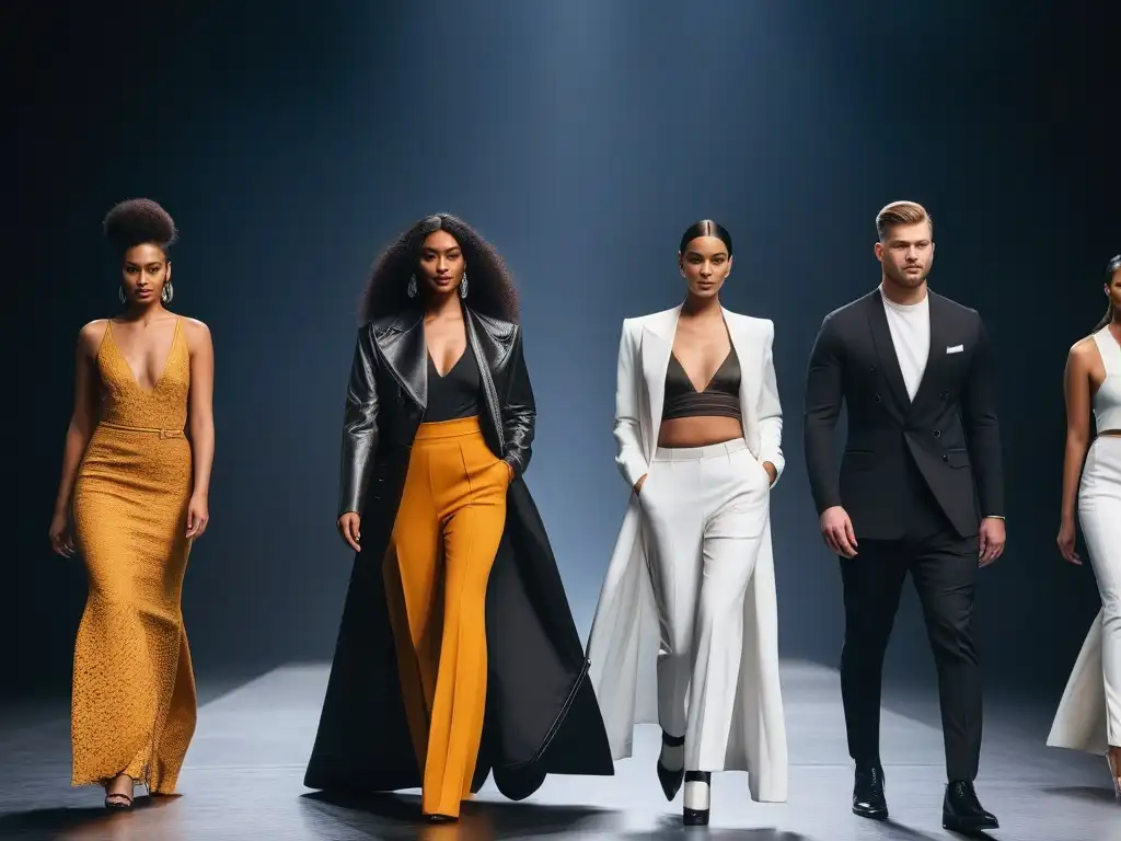 Desfile inclusivo con moda ética: modelos diversos exhiben empoderamiento Desfile de moda inclusiva y ética con modelos de diversas tallas y etnias luciendo prendas de marcas mencionadas en el artículo