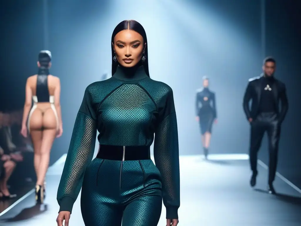 Desfile inclusivo: moda diversa y futurista Desfile de moda inclusiva exitoso con modelos diversos y vibrantes en una pasarela futurista y elegante