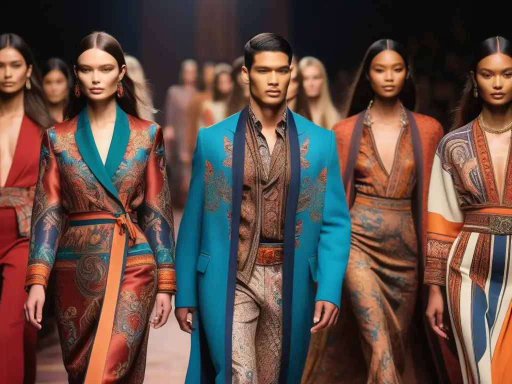 Desfile de moda inclusivo con diseños únicos de Etro Desfile de moda inclusiva para todas formas con modelos diversos luciendo diseños coloridos de Etro, reflejando confianza y estilo