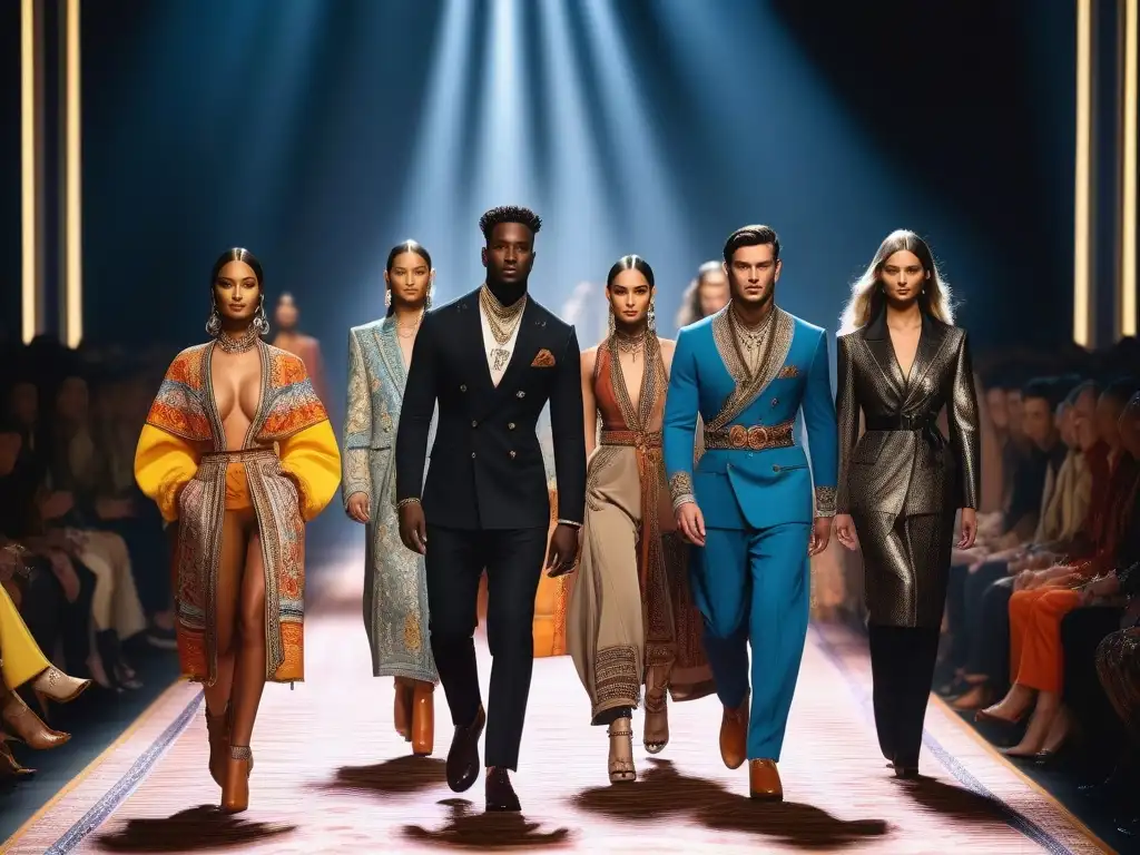 Desfile de moda Etro: diversidad y empoderamiento Desfile de moda inclusiva para todas formas con modelos diversos luciendo diseños únicos de Etro, iluminados y admirados por una audiencia