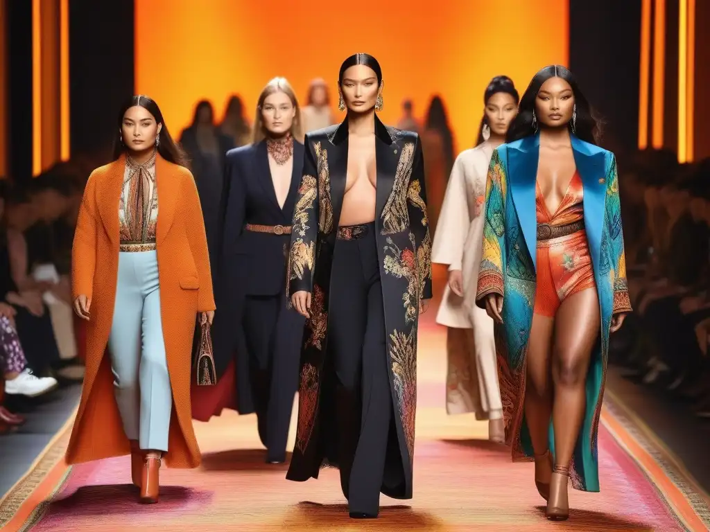Pasarela inclusiva de Etro: diversidad de modelos en diseños únicos Desfile de moda inclusiva para todas formas en pasarela vibrante con modelos diversos y diseños únicos de Etro