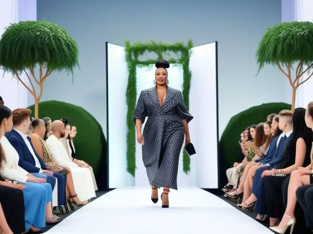 Desfile inclusivo de moda sostenible con modelos diversos Un desfile de moda inclusiva y ecológica global con modelos diversos, elegantes y seguros, en un escenario futurista y sostenible