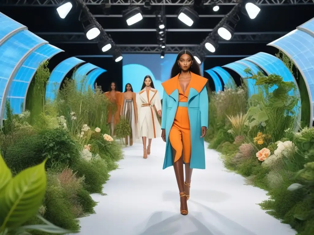 Desfile de moda inclusivo en pasarela ecofriendly Desfile de moda inclusiva y ecológica global con modelos diversos en pasarela de materiales reciclados, rodeados de vegetación y paneles solares