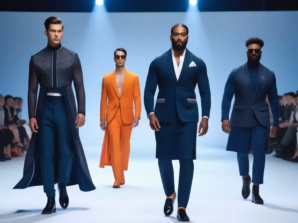 Pasarela futurista: moda inclusiva y vanguardista Desfile de moda inclusiva para hombres: marcas, con modelos diversos y vanguardistas en una pasarela futurista
