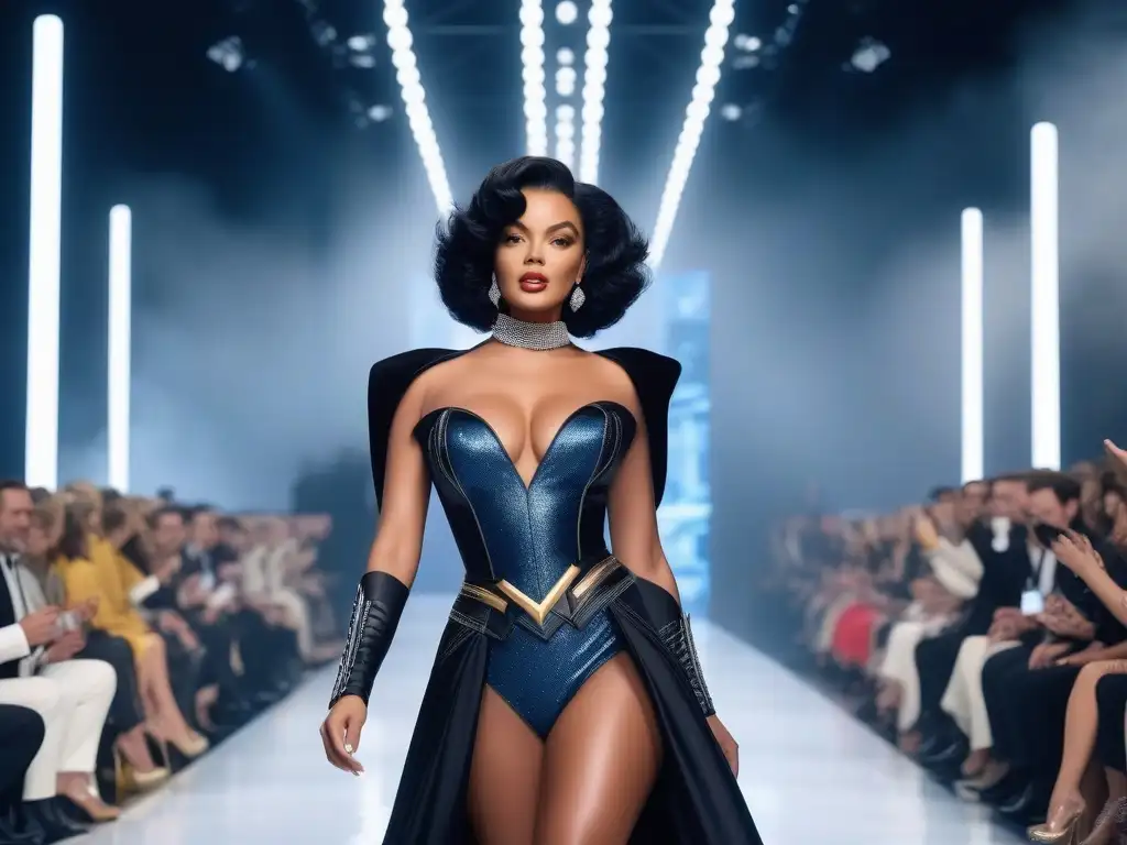 Desfile de íconos pop: lujo incluyente en alta definición Desfile de moda inclusiva con íconos de la cultura pop en una pasarela de alta costura