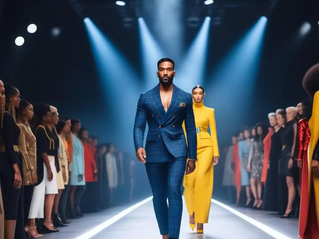 Desfile de moda inclusivo: diversidad y estilo en pasarela futurista Desfile de moda inclusiva impactante con modelos diversos en una pasarela futurista