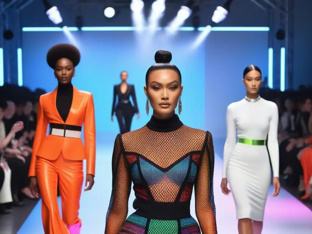 Desfile inclusivo y futurista: moda diversa desafiando estándares Un desfile de moda inclusiva impactante con modelos diversos desafiando estándares en una pasarela futurista iluminada por luces de neón