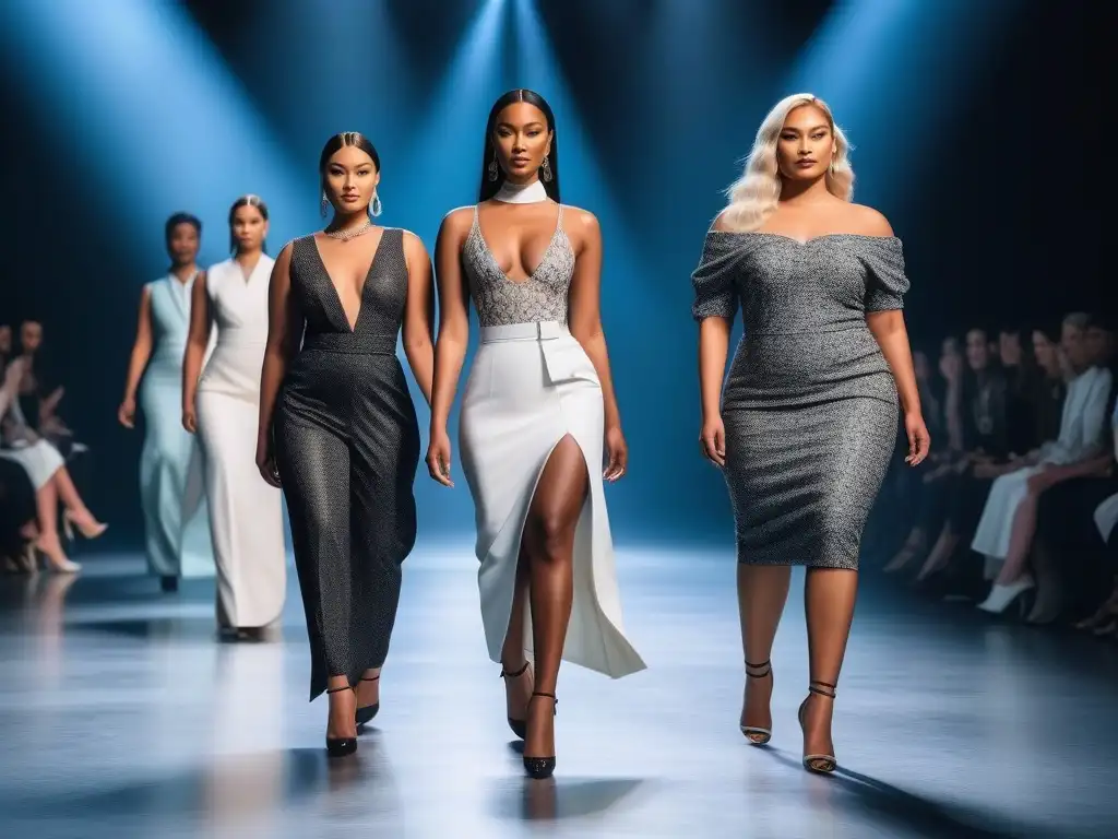 Desfile inclusivo: moda diversa y trendy Desfile de moda inclusiva con impacto: modelos diversos y seguros de sí mismos lucen colaboraciones de marca en una pasarela moderna