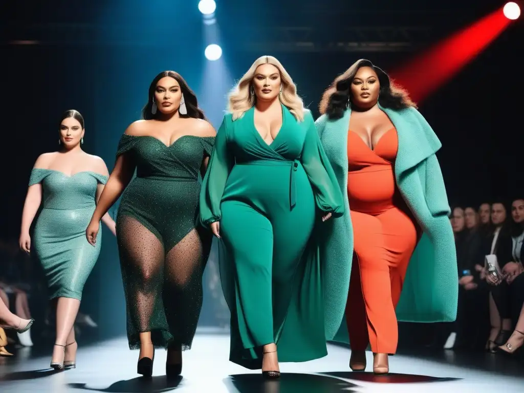 Desfile de moda plussize: diversidad y empoderamiento Desfile de moda plus size inclusiva en la industria, modelos empoderadas luciendo diseños modernos y vibrantes