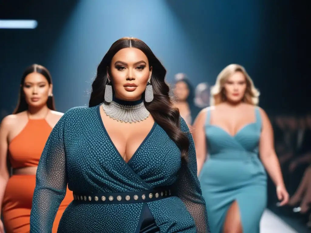 Desfile de moda plussize: empoderamiento y elegancia en la pasarela Desfile de moda plus size inclusiva en la industria: modelos seguras y elegantes desfilan con estilo ante una multitud animada y cámaras centelleantes