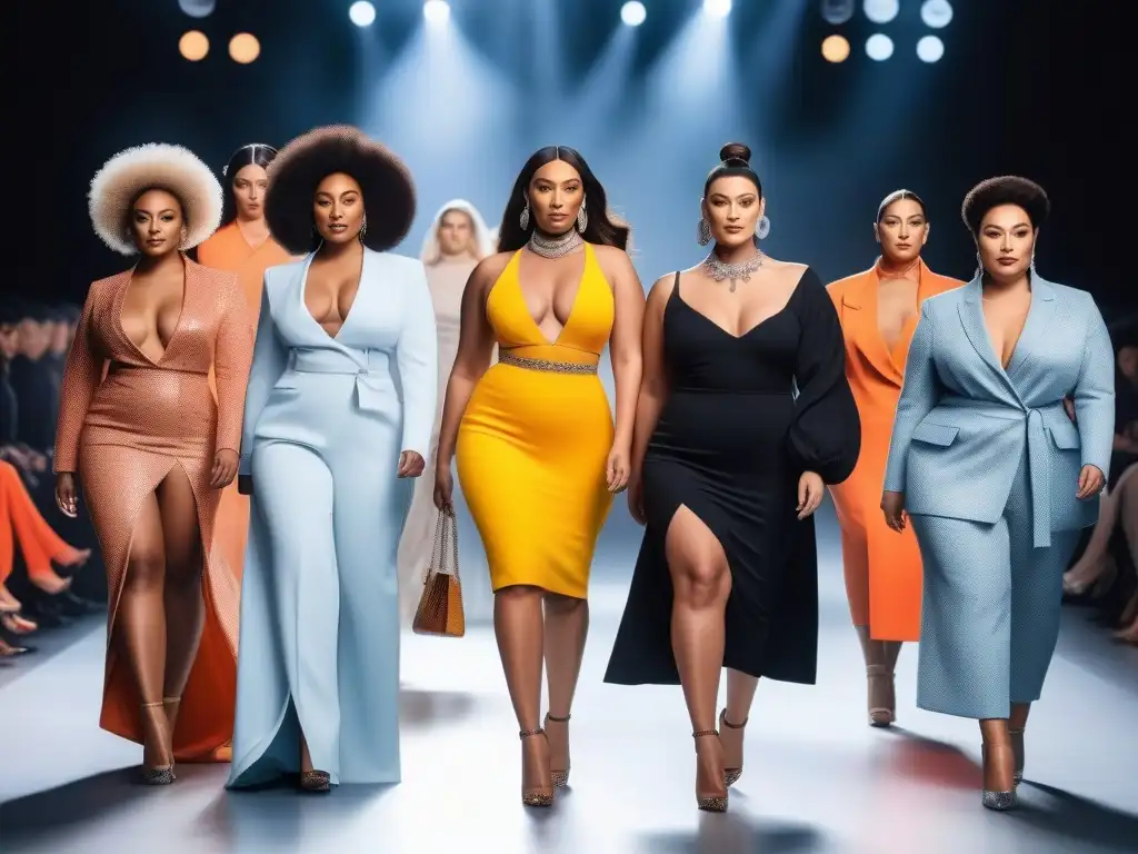 Desfile inclusivo: influencers de moda en pasarela Un desfile de moda inclusiva con influencers de tallas especiales caminando con confianza en la pasarela, promoviendo la diversidad en la industria