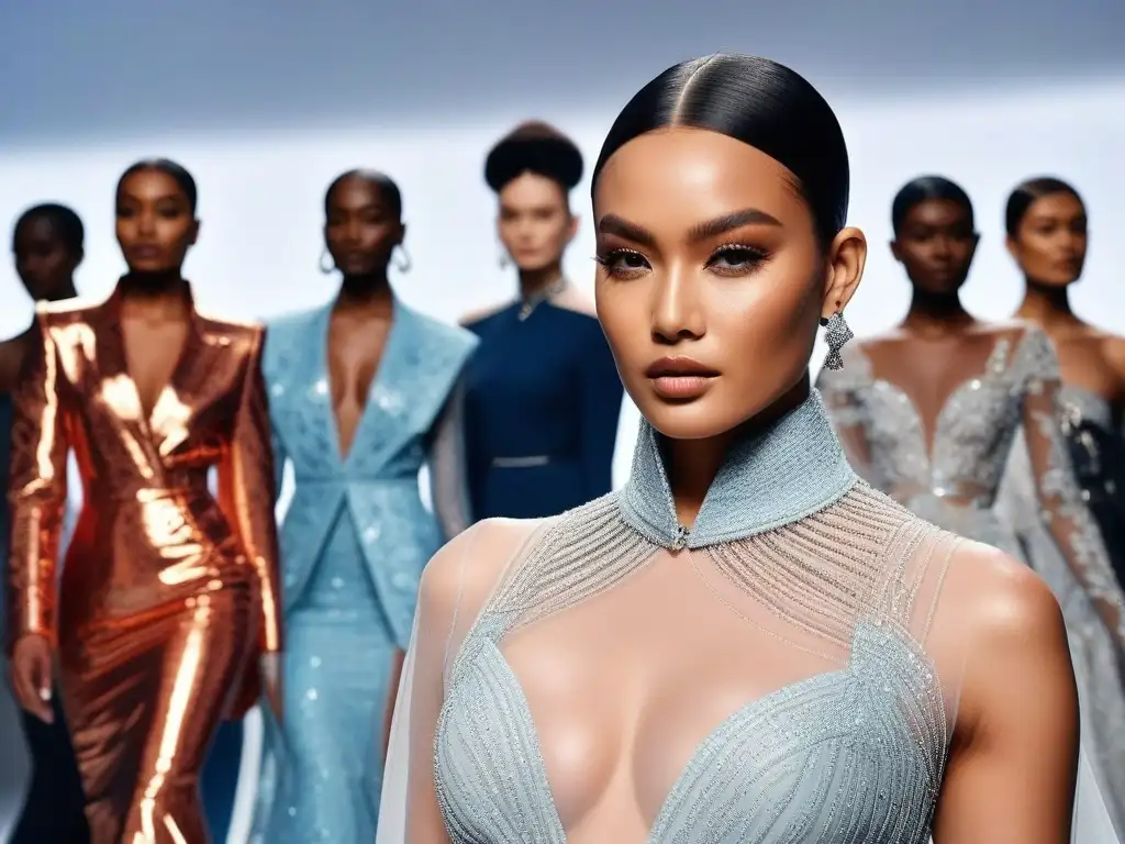 Desfile de moda inclusivo con modelos de todas las etnias y cuerpos Desfile de moda inclusiva internacional con modelos diversos y mapamundi de fondo, representando visibilidad y diversidad