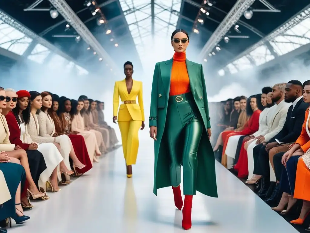Desfile inclusivo: moda diversa en ciudad futurista Desfile de moda inclusiva internacional con modelos diversos y seguros de sí mismos en una pasarela futurista