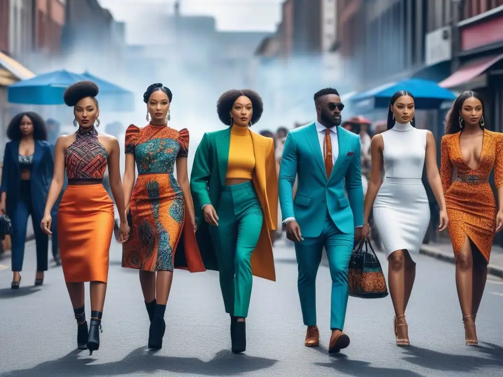 Desfile de moda en Johannesburgo: fusión de tradición y modernidad Un desfile de moda inclusiva en Johannesburgo: modelos lucen diseños africanos modernos en vibrante calle de la ciudad