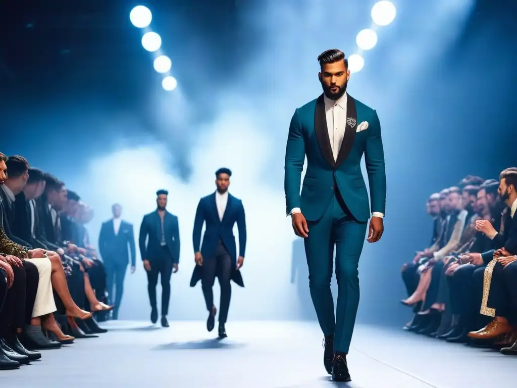 Desfile de moda masculina inclusivo: diversidad en la pasarela Un desfile de moda inclusiva masculina redefiniendo masculinidad con modelos diversos caminando con confianza por la pasarela