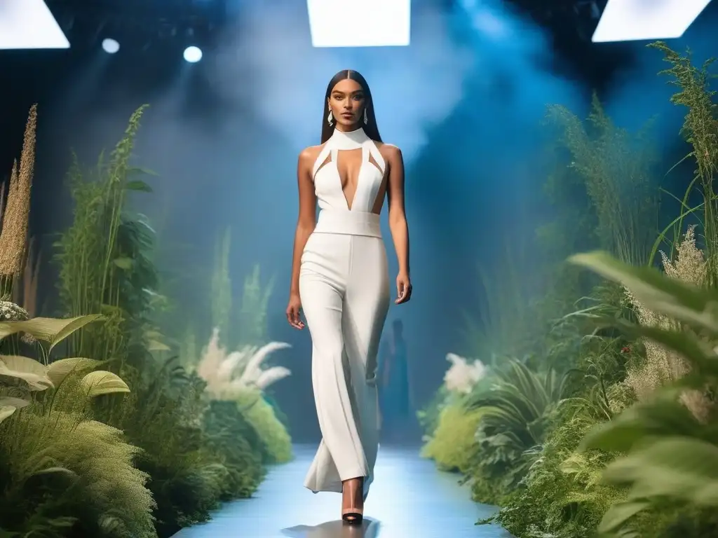 Desfile de moda sostenible: modelos diversos en pasarela futurista Desfile de moda inclusiva con materiales sostenibles en pasarela futurista rodeada de vegetación exuberante