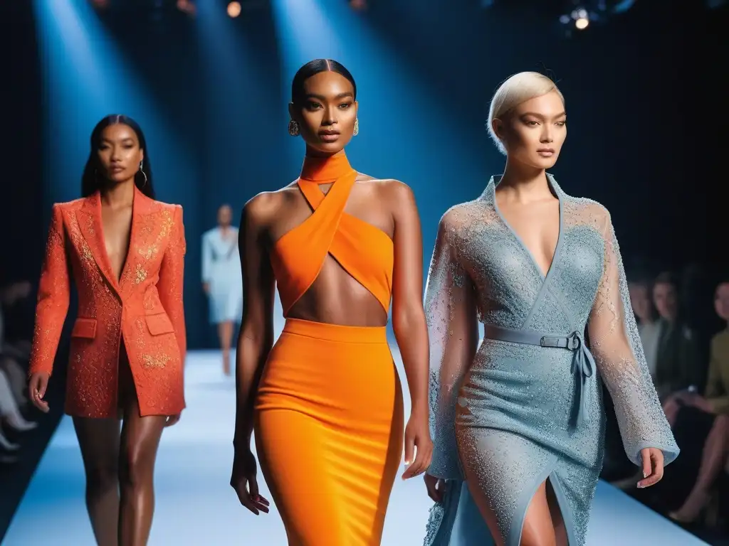 Desfile de moda inclusiva: diversidad y empoderamiento en la pasarela Un desfile de moda inclusiva con modelos diversos exhibiendo diseños, luces vibrantes y fondo moderno