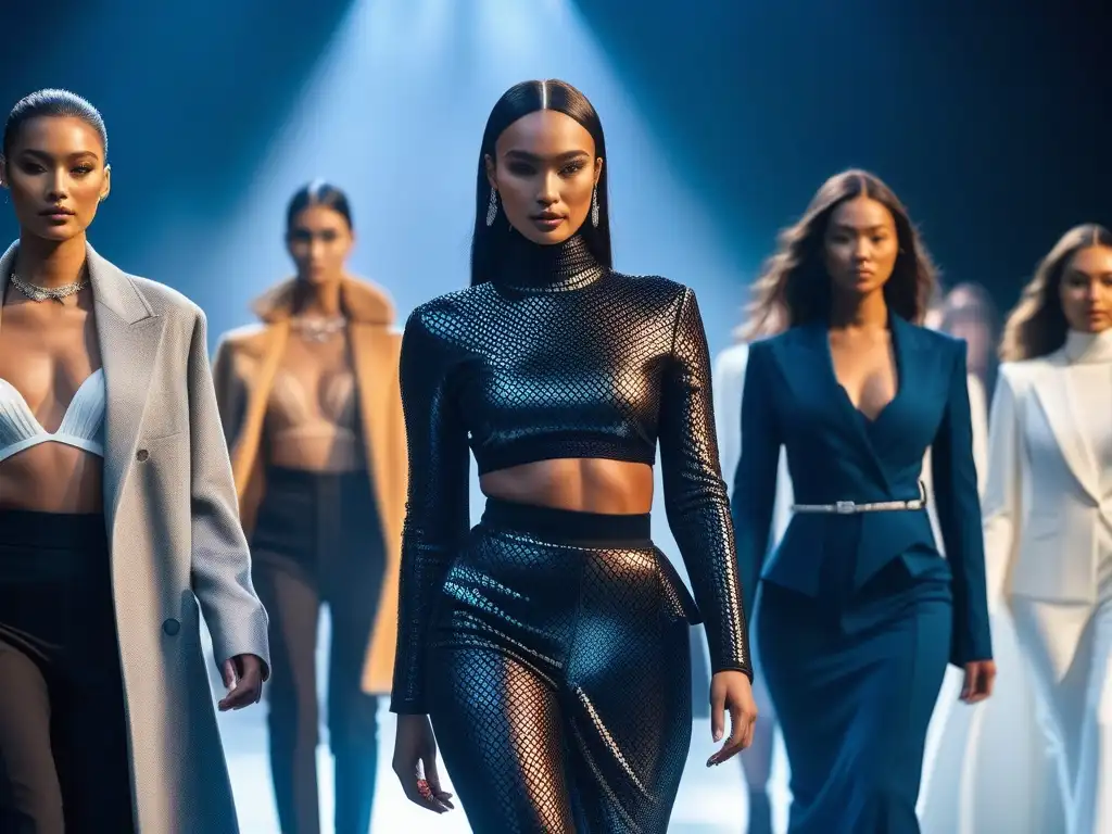 Desfile inclusivo: diversidad y estilo en la pasarela del futuro Desfile de moda inclusiva con modelos diversos exhibiendo confianza y empoderamiento en una pasarela futurista