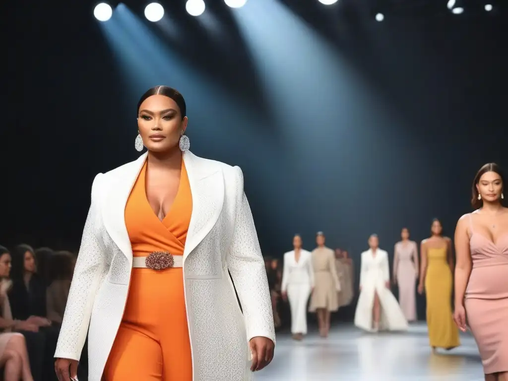 Desfile de moda inclusiva con modelos diversos mostrando elegancia y confianza en la pasarela, celebrando la diversidad