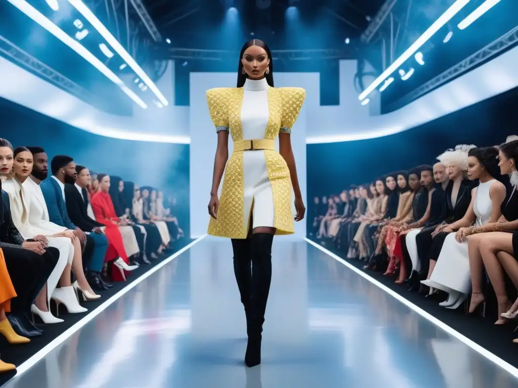 Desfile de moda diverso: modelos únicos en pasarela futurista Desfile de moda inclusiva con modelos diversos mostrando estilos únicos en una pasarela futurista