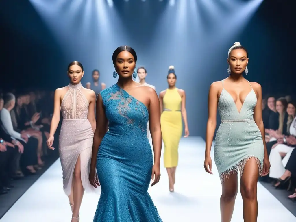 Desfile de moda inclusivo: diversidad y estilo en la pasarela Desfile de moda inclusiva con modelos diversos caminando con confianza por la pasarela en un museo, celebrando la diversidad