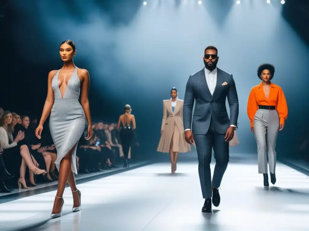 Desfile de moda inclusivo: modelos diversos desfilan con estilo y confianza Un desfile de moda inclusiva con modelos diversos de diferentes razas, tipos de cuerpo y géneros, luciendo outfits elegantes y modernos